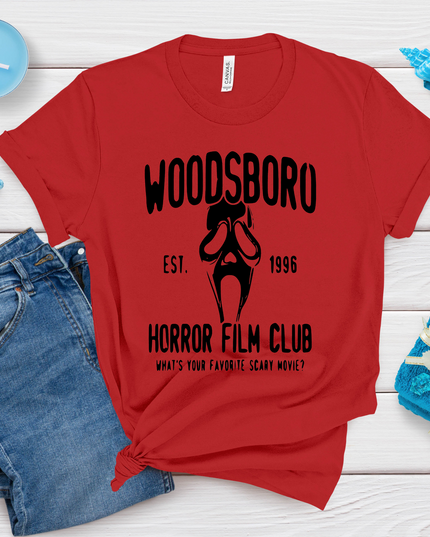 Woodsboro Horror Film Club T-Shirt – Scary Movie Ghostface Graphic Tee (Black or Red)