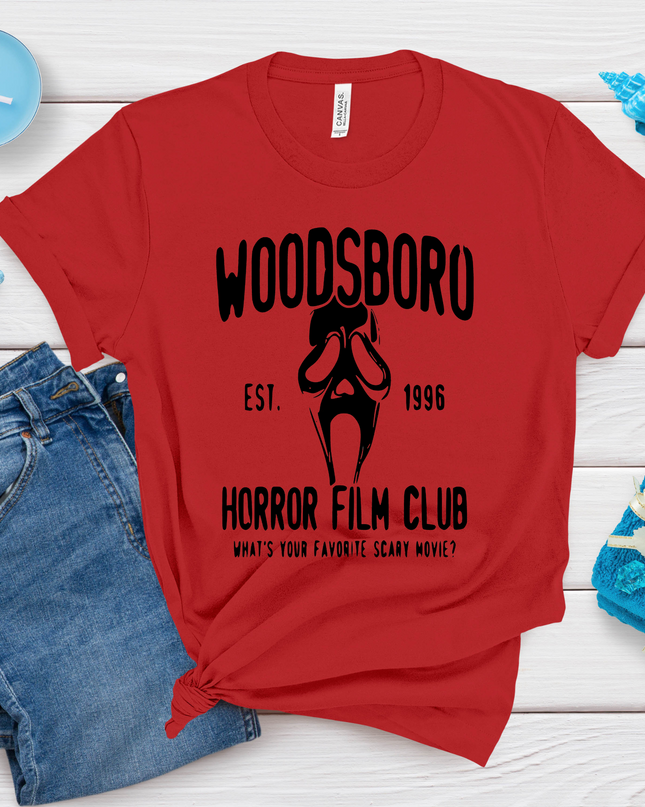 Woodsboro Horror Film Club T-Shirt – Scary Movie Ghostface Graphic Tee (Black or Red)