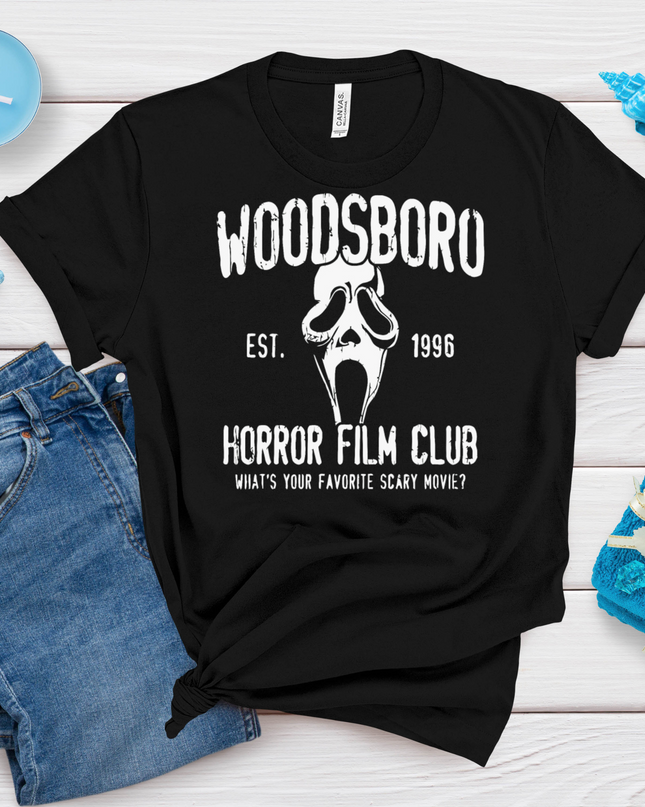 Woodsboro Horror Film Club T-Shirt – Scary Movie Ghostface Graphic Tee (Black or Red)