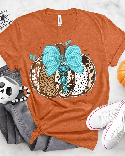 Turquoise Leopard Pumpkin T-Shirt – Western Fall Graphic Tee with Cow Print and Gingham Bow