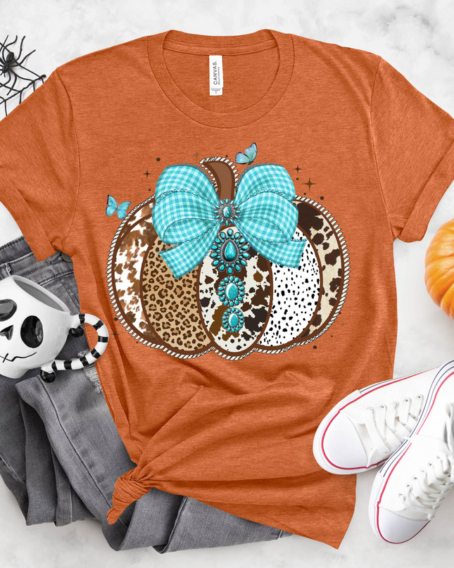 Turquoise Leopard Pumpkin T-Shirt – Western Fall Graphic Tee with Cow Print and Gingham Bow