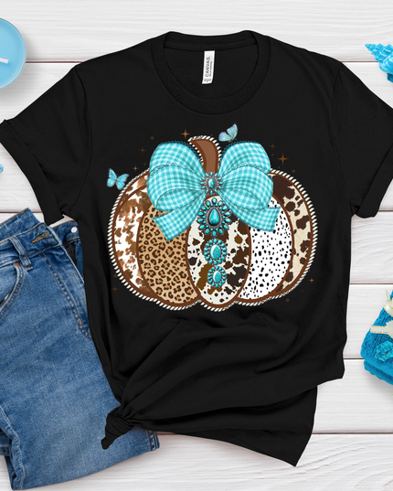 Turquoise Leopard Pumpkin T-Shirt – Western Fall Graphic Tee with Cow Print and Gingham Bow