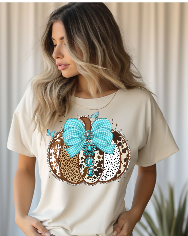 Turquoise Leopard Pumpkin T-Shirt – Western Fall Graphic Tee with Cow Print and Gingham Bow
