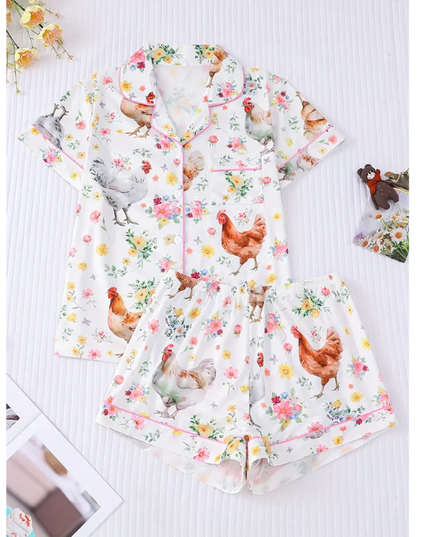 Farm Fresh Chicken Pajama Set – Cute Floral Short Sleeve Sleepwear