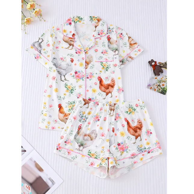 Farm Fresh Chicken Pajama Set – Cute Floral Short Sleeve Sleepwear