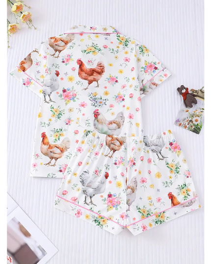 Farm Fresh Chicken Pajama Set – Cute Floral Short Sleeve Sleepwear