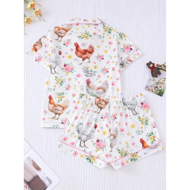 Farm Fresh Chicken Pajama Set – Cute Floral Short Sleeve Sleepwear