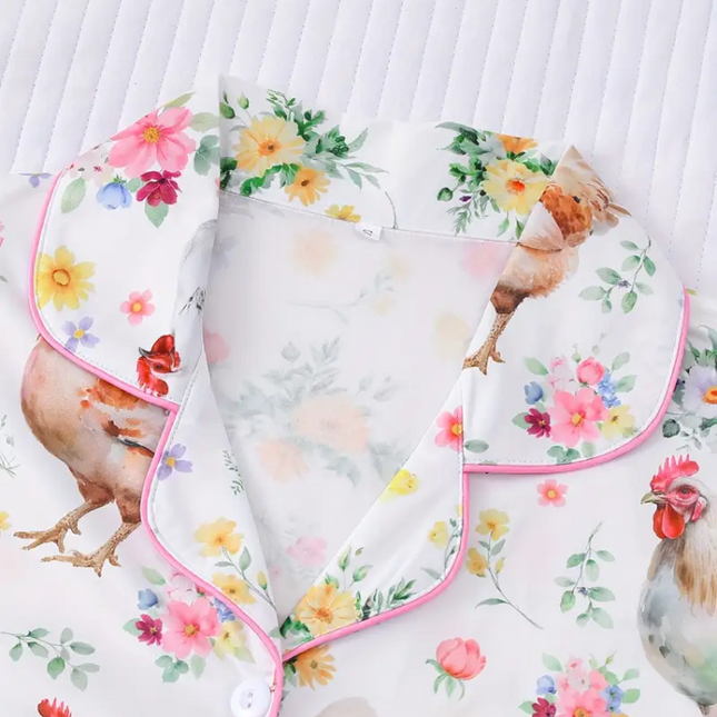 Farm Fresh Chicken Pajama Set – Cute Floral Short Sleeve Sleepwear