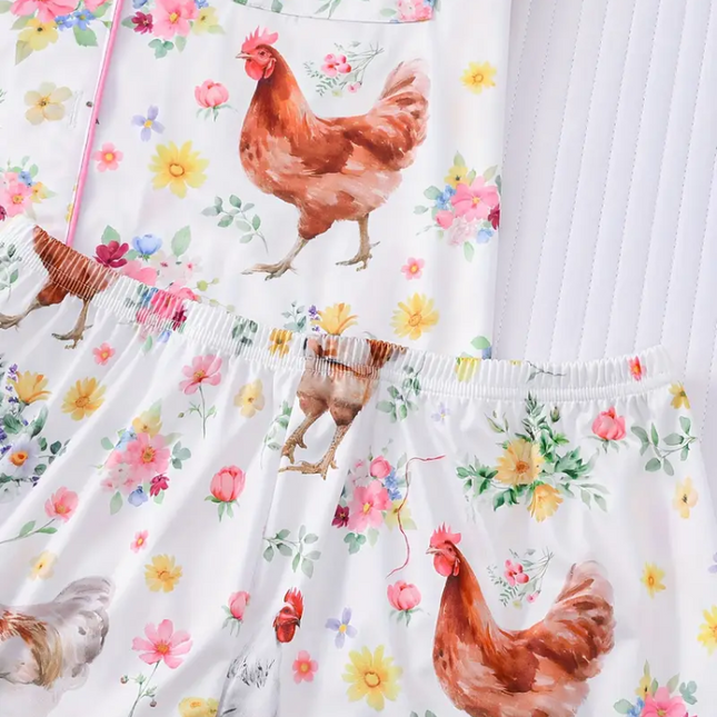 Farm Fresh Chicken Pajama Set – Cute Floral Short Sleeve Sleepwear