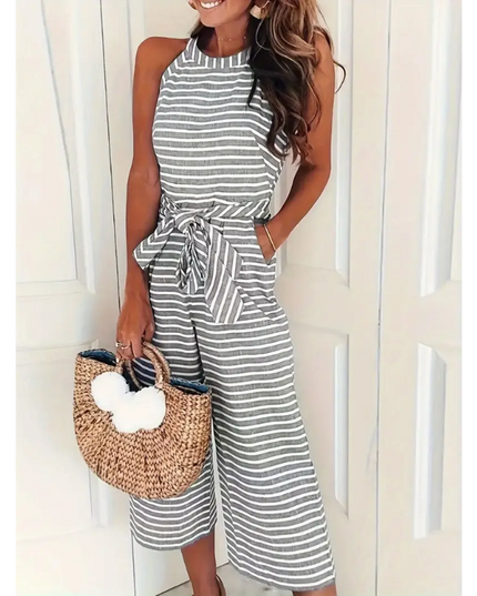 Striped Belted Sleeveless Jumpsuit – Casual Summer One-Piece