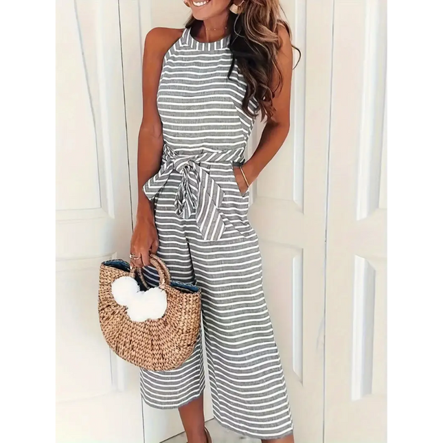 Striped Belted Sleeveless Jumpsuit – Casual Summer One-Piece