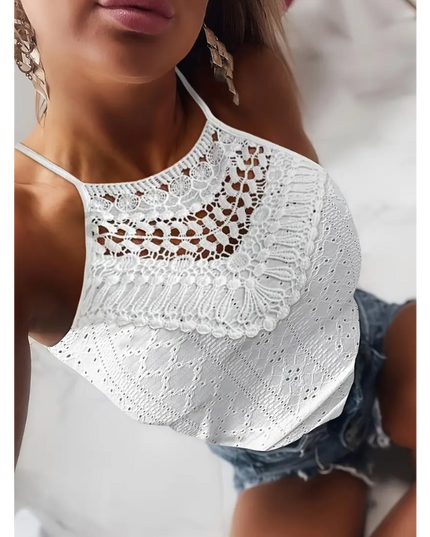 Boho Lace Crochet Halter Top – White Summer Sleeveless Blouse