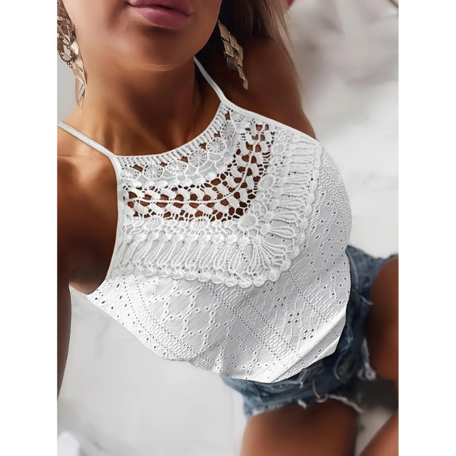 Boho Lace Crochet Halter Top – White Summer Sleeveless Blouse
