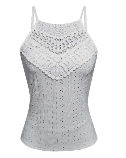Boho Lace Crochet Halter Top – White Summer Sleeveless Blouse