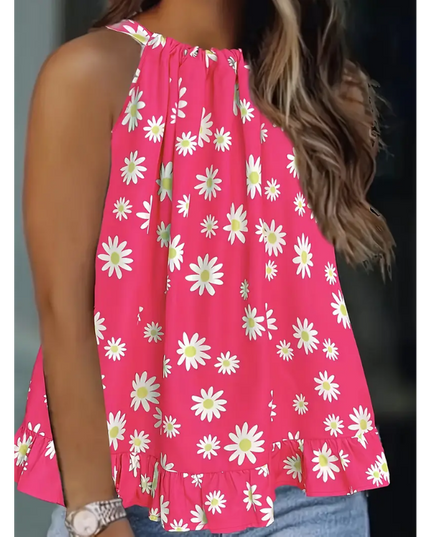 Bright Pink Daisy Print Halter Top