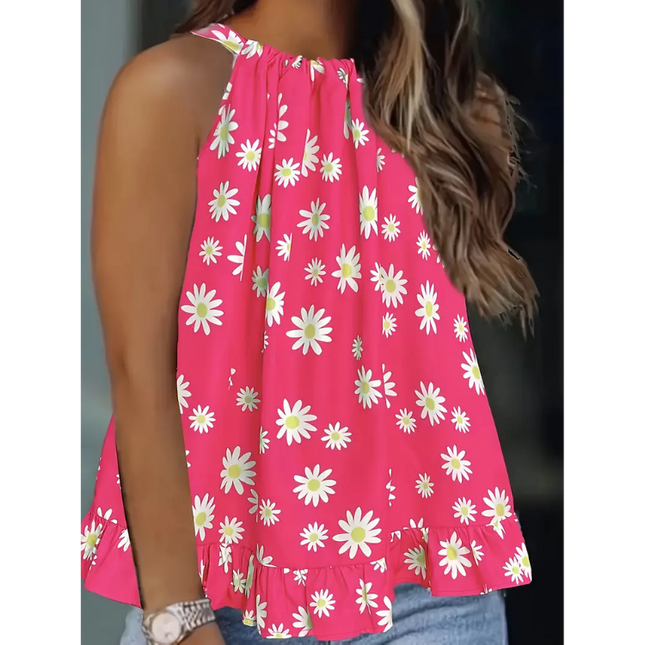 Bright Pink Daisy Print Halter Top