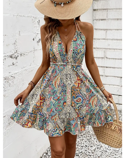 Boho Paisley Print Halter Dress – Backless Summer Sundress