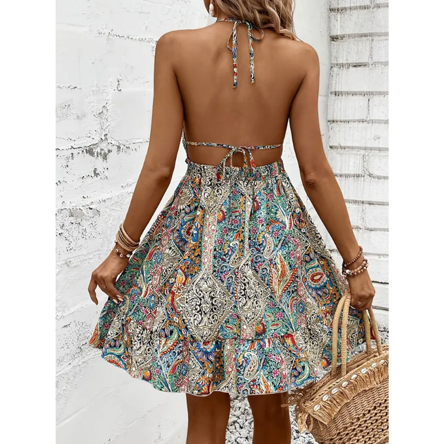 Boho Paisley Print Halter Dress – Backless Summer Sundress
