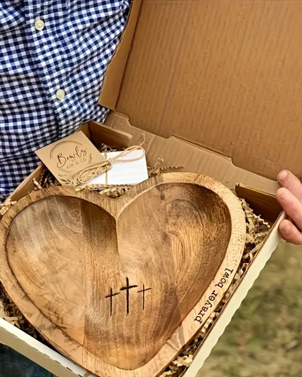 Heart-Shaped Wooden Prayer Bowl with Engraved Crosses