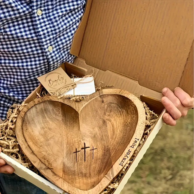 Heart-Shaped Wooden Prayer Bowl with Engraved Crosses