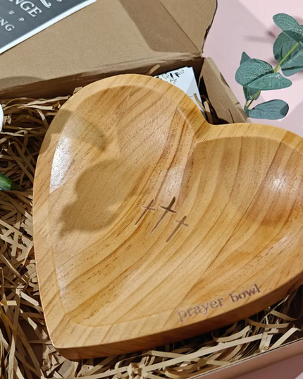 Heart-Shaped Wooden Prayer Bowl with Engraved Crosses