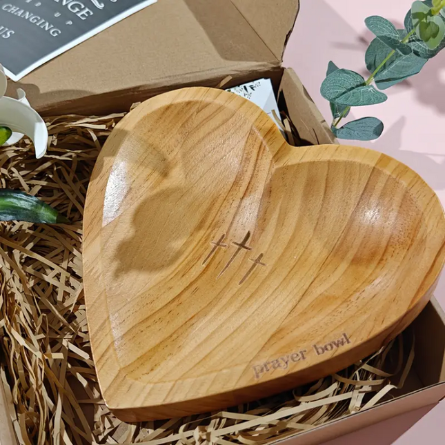 Heart-Shaped Wooden Prayer Bowl with Engraved Crosses