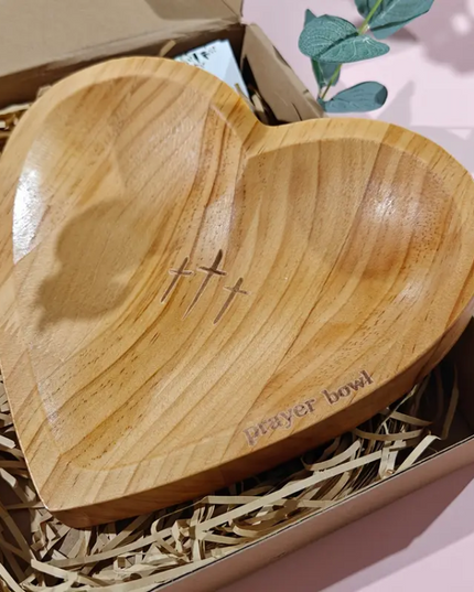 Heart-Shaped Wooden Prayer Bowl with Engraved Crosses