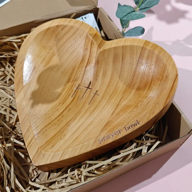 Heart-Shaped Wooden Prayer Bowl with Engraved Crosses