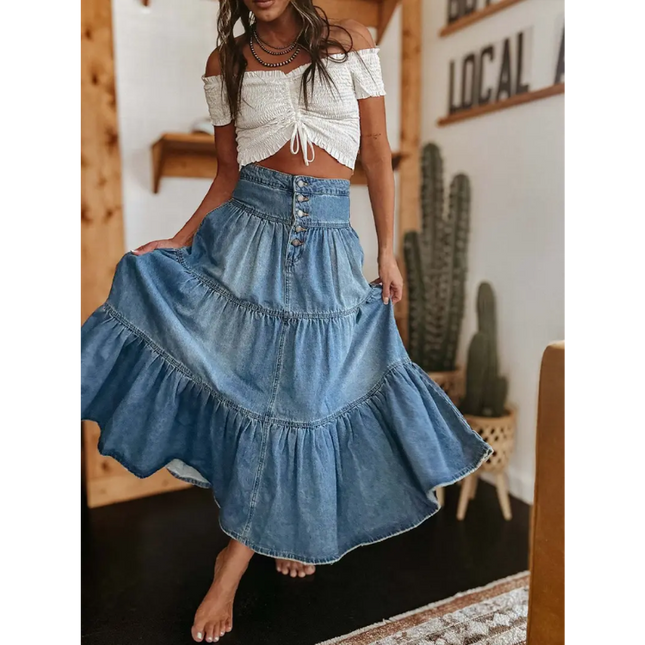 Boho High-Waisted Tiered Denim Maxi Skirt