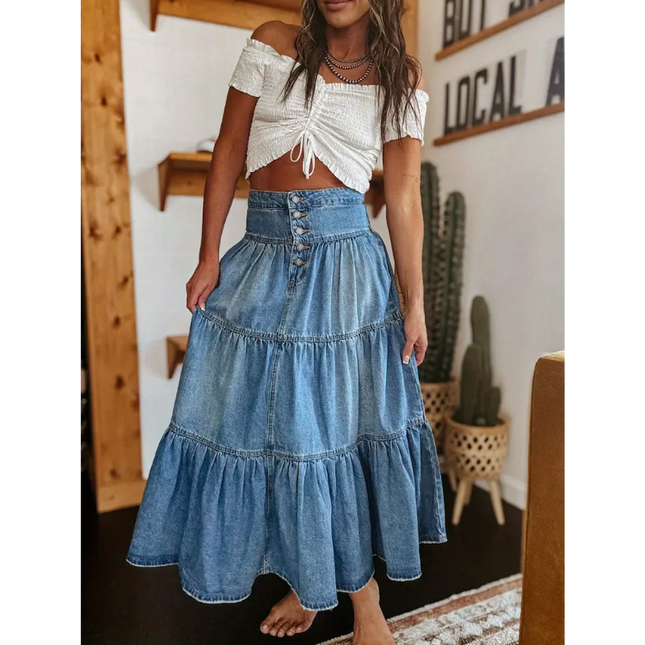 Boho High-Waisted Tiered Denim Maxi Skirt