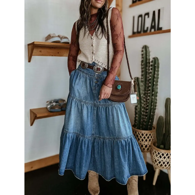 Boho High-Waisted Tiered Denim Maxi Skirt