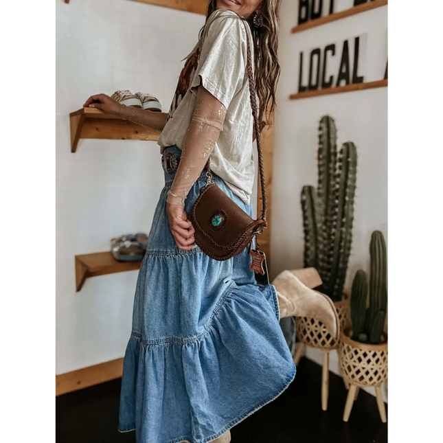 Boho High-Waisted Tiered Denim Maxi Skirt
