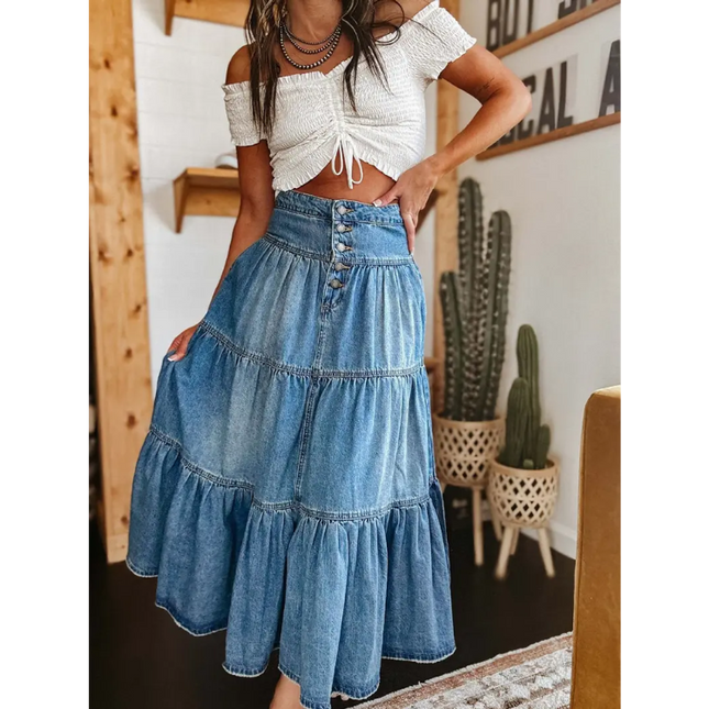 Boho High-Waisted Tiered Denim Maxi Skirt