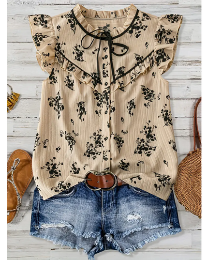 Vintage Ruffle Floral Blouse with Tie Neck – Beige & Black