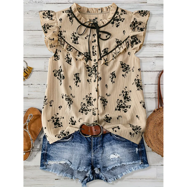 Vintage Ruffle Floral Blouse with Tie Neck – Beige & Black