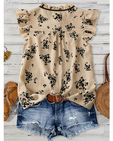 Vintage Ruffle Floral Blouse with Tie Neck – Beige & Black