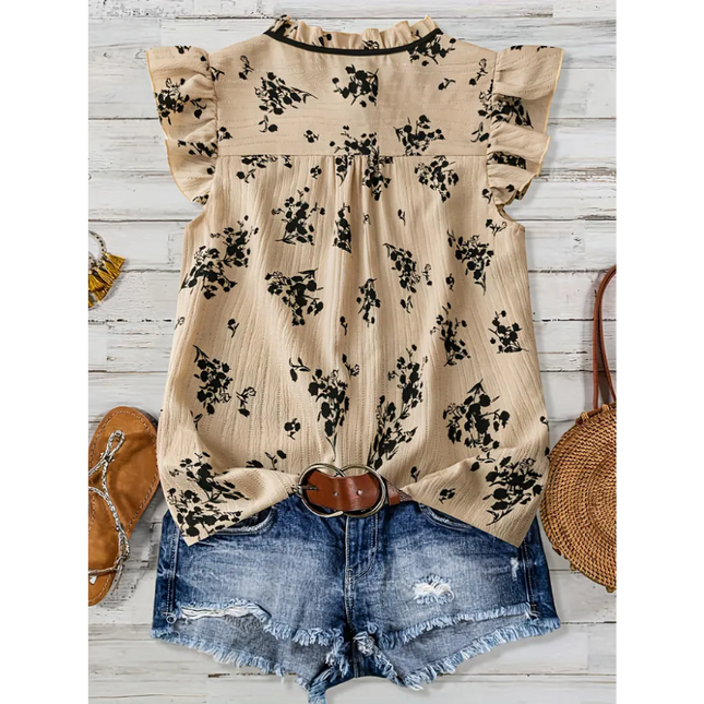 Vintage Ruffle Floral Blouse with Tie Neck – Beige & Black
