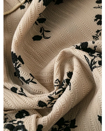 Vintage Ruffle Floral Blouse with Tie Neck – Beige & Black