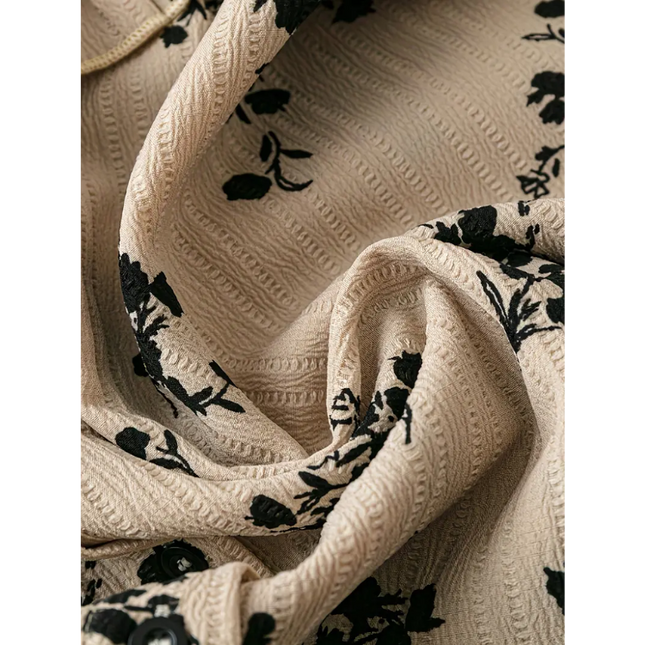 Vintage Ruffle Floral Blouse with Tie Neck – Beige & Black