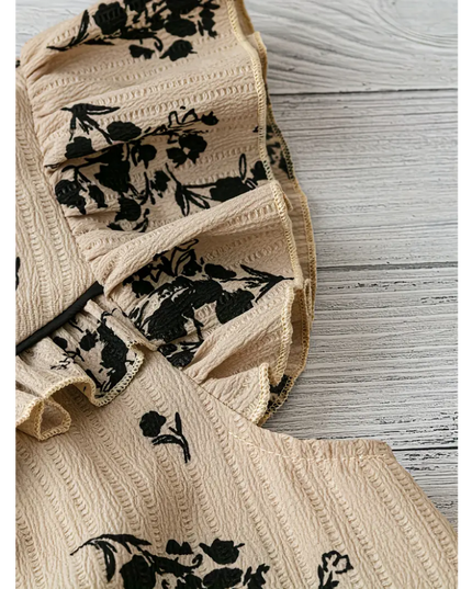 Vintage Ruffle Floral Blouse with Tie Neck – Beige & Black