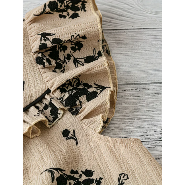 Vintage Ruffle Floral Blouse with Tie Neck – Beige & Black