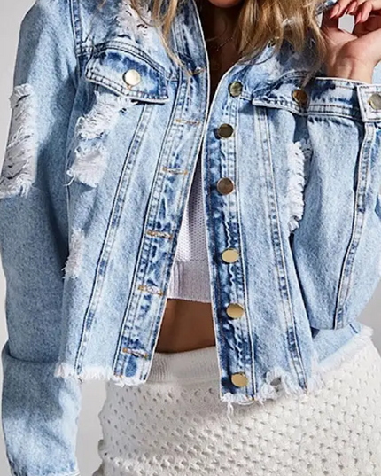 Distressed Cropped Denim Jacket – Light Wash image 0