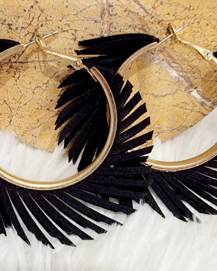 Black Fabric Hoop Fringe Earrings image 1