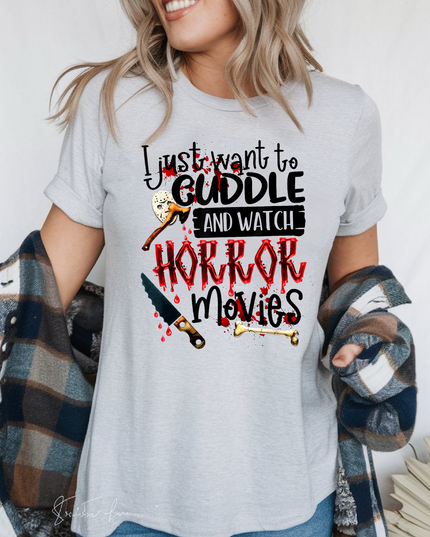 Cuddle and Watch Horror Movies T-Shirt – Funny Spooky Graphic Tee