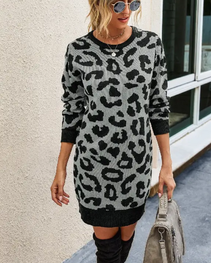 Crew Neck Leopard Sweater Dress image 0