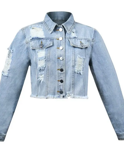 Distressed Cropped Denim Jacket – Light Wash image 1