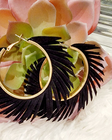 Black Fabric Hoop Fringe Earrings image 4