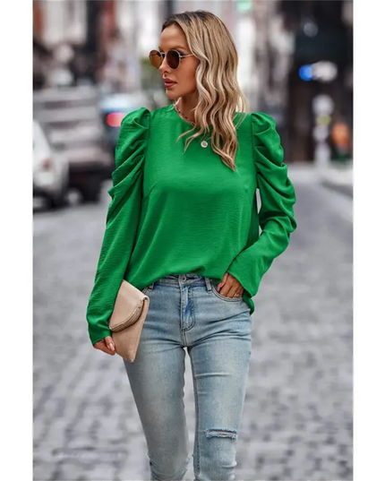 Green Puff-Sleeve Casual Blouse image 0