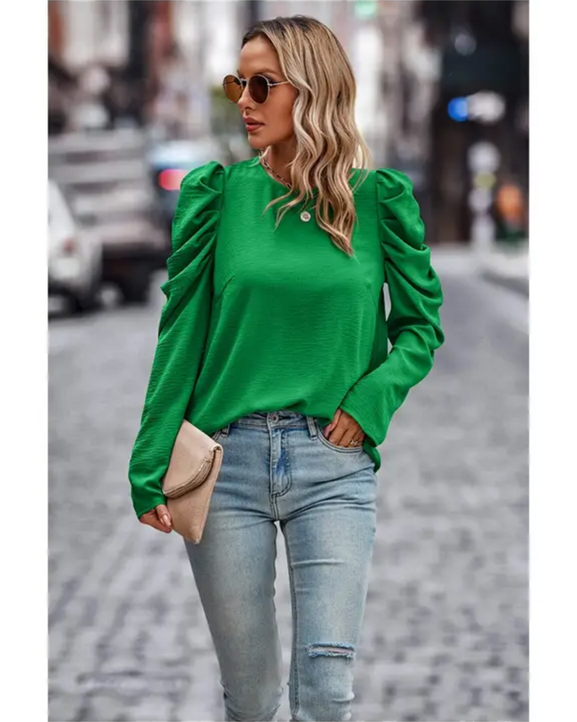 Green Puff-Sleeve Casual Blouse image 0