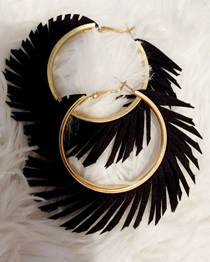 Black Fabric Hoop Fringe Earrings image 0